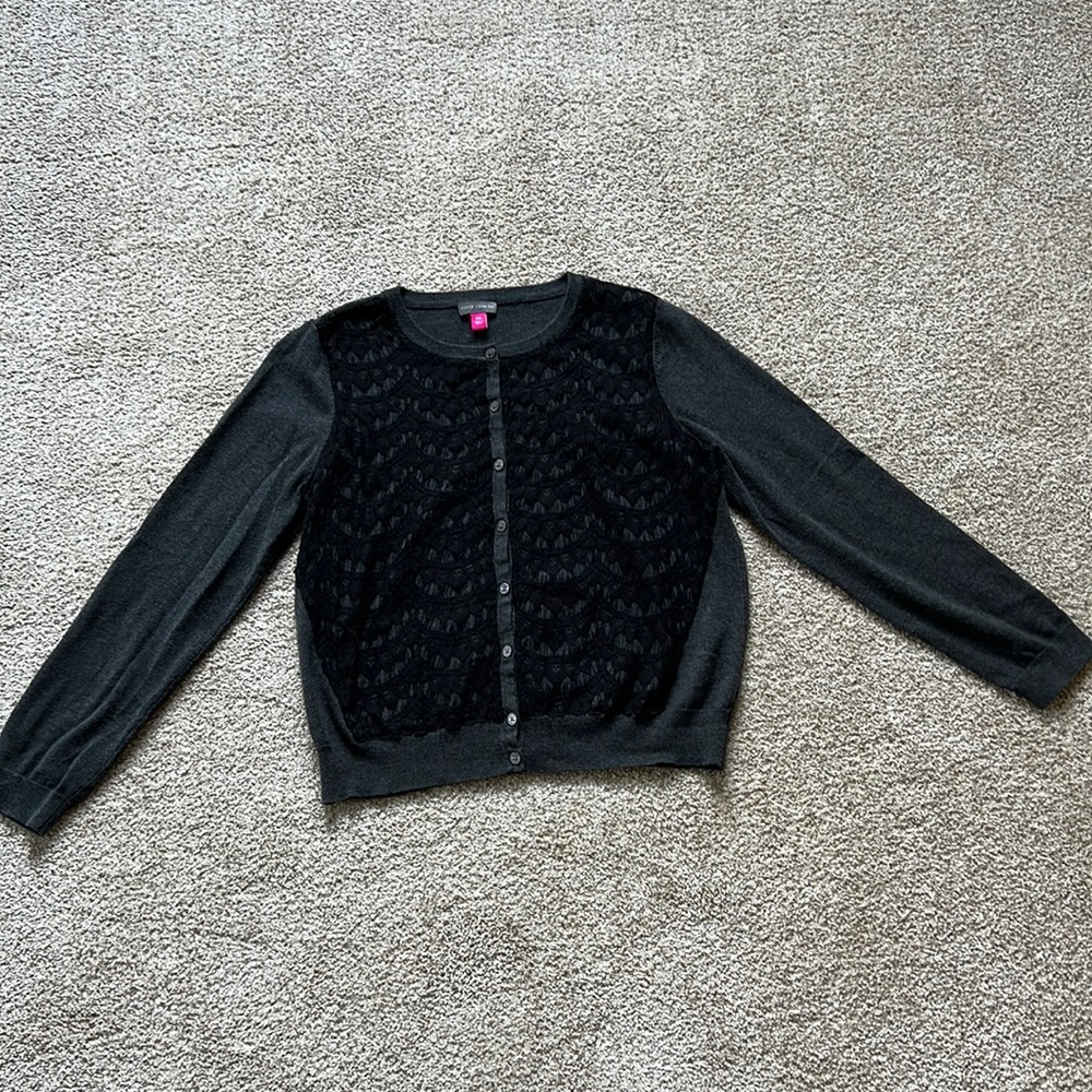 Vince Camuto Knit Cardigan Black Lace Embroidered Size Petite Medium